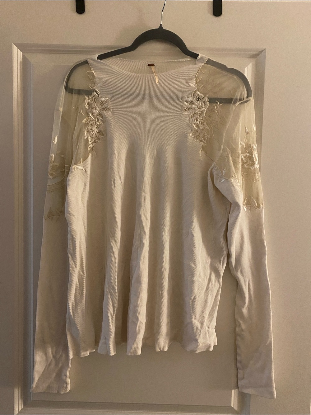 Free People Cream Sheer Lace-Panel Long Sleeve Top